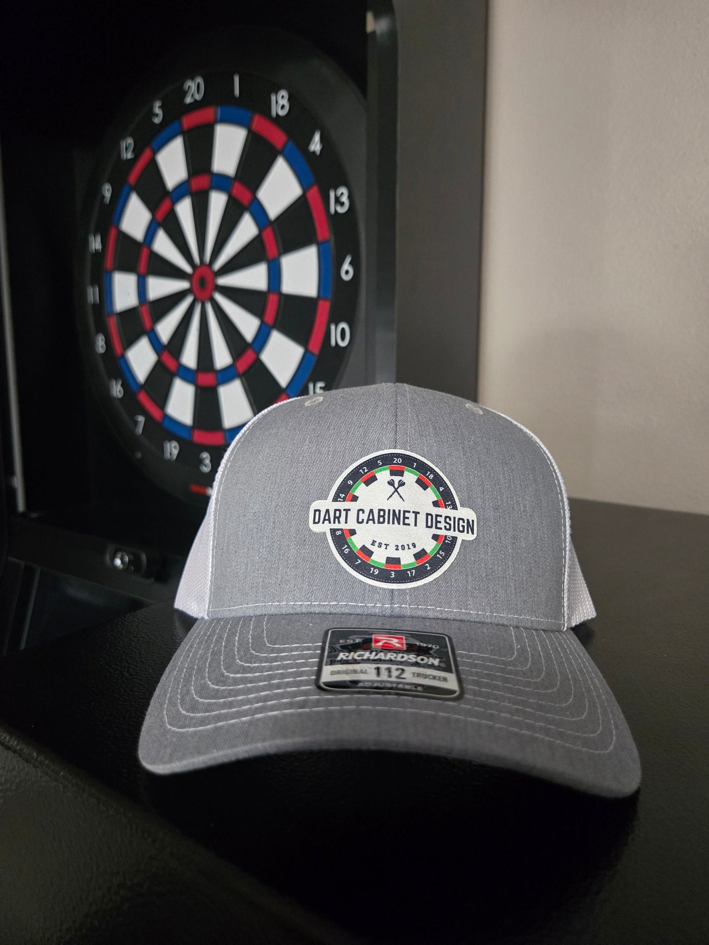 Dart Cabinet Design Trucker Hat | Richardson 112 Gray White